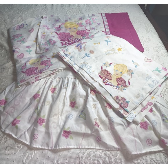 Barbie Other - Barbie Twin Size Flat Sheet Skirt Curtain Panels Pillowcase VTG 1995